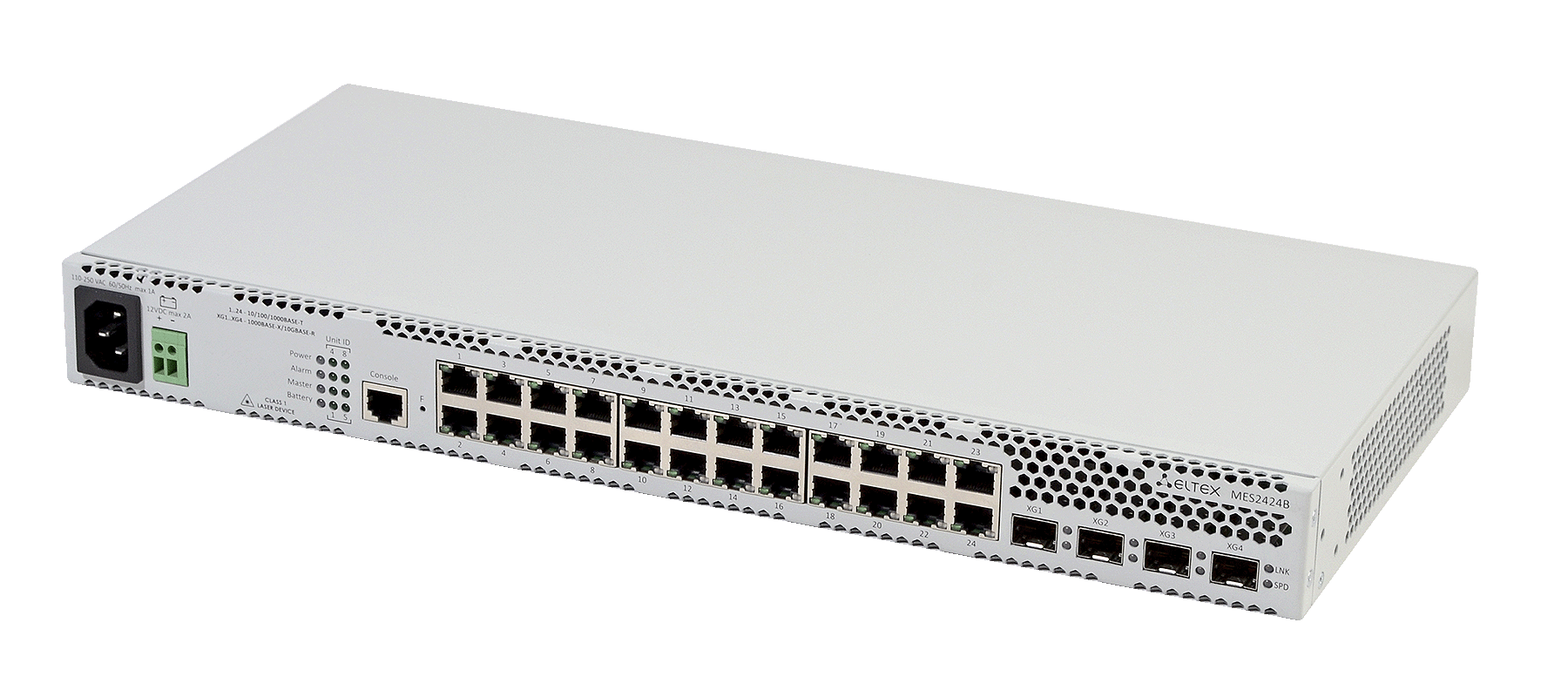 Ethernet-коммутатор MES2424B, 24x1G RJ45 + 4x1G/10G SFP+, L3, 220V AC/12V DC